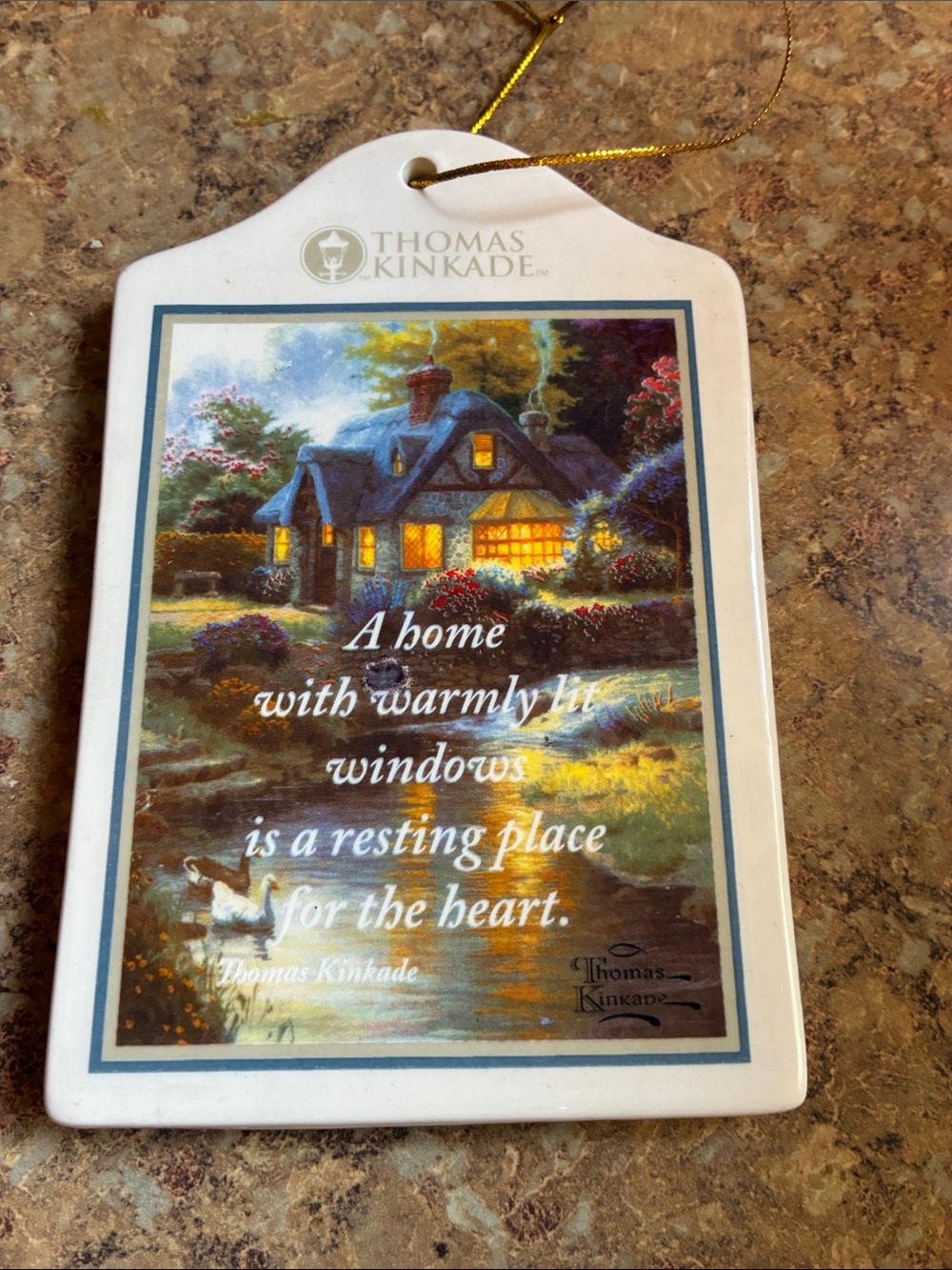 Thomas Kinkade Cottage Scene Wall Plaque - Blue, White, Gold